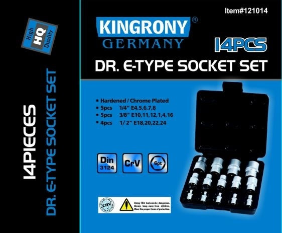 SOCKET SET E-STAR FOR BOLTS 14 PCS., 1/4"+3/8"+1/2", E4-E24 (KR121014)