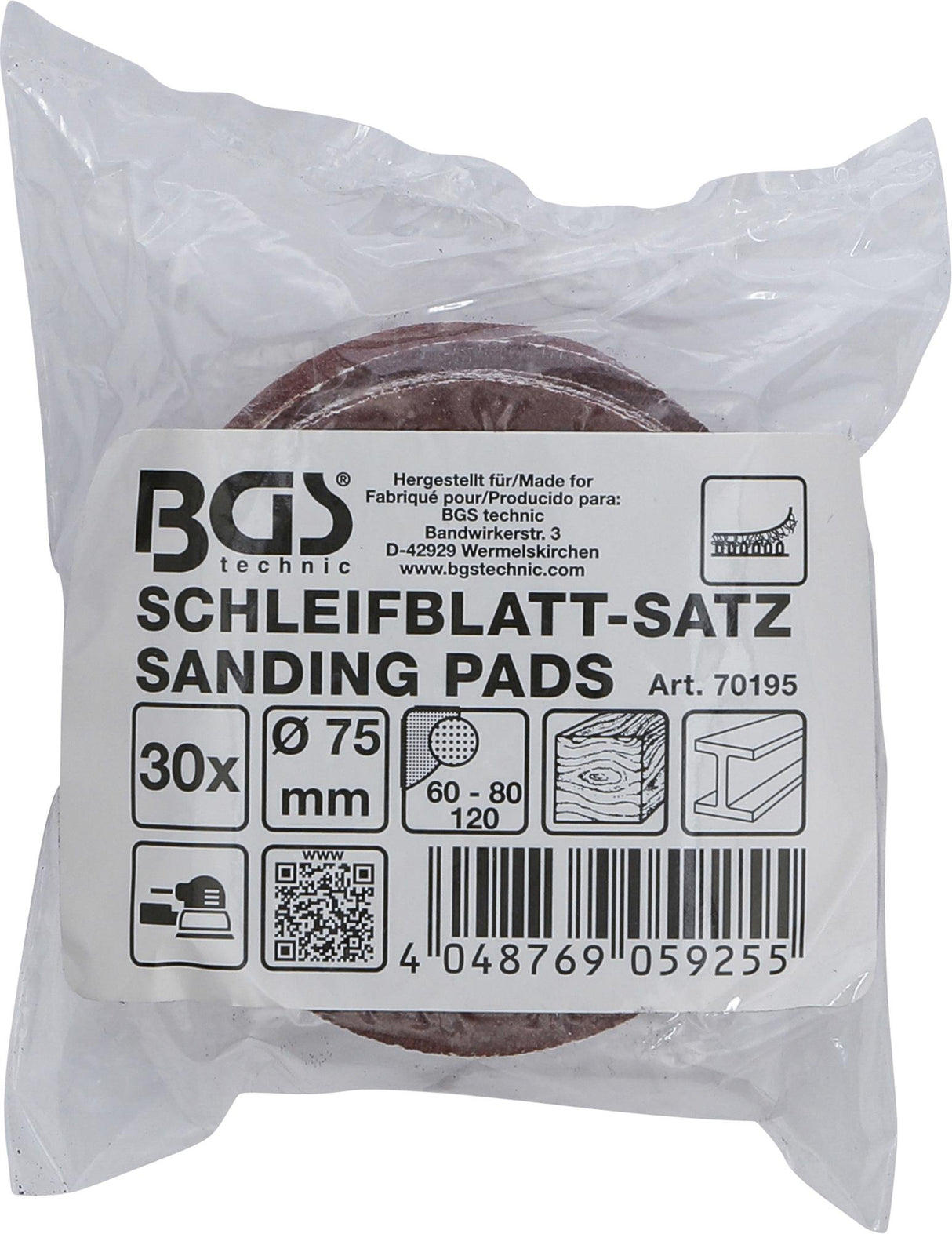 SANDING PADS FOR ECCENTRIC SANDERS | Ø 75 MM | K 60 - 80 - 120 | 30 PCS. (70195)