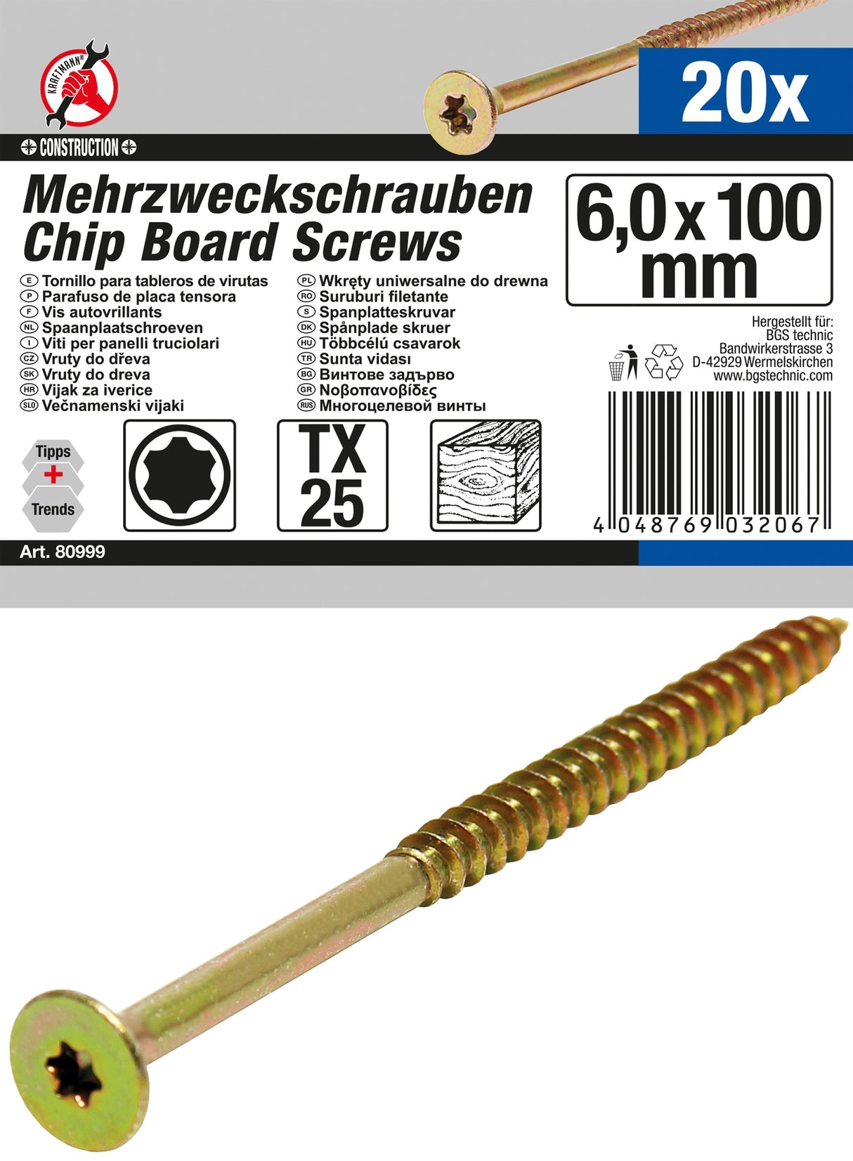 MULTI-PURPOSE SCREWS | T-STAR (FOR TORX) T25 | 6.0 X 100 MM | 20 PCS. (80999)