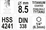 METAL DRILL WITH HEX SHANK 8,5MM TITAN (YT-44769)