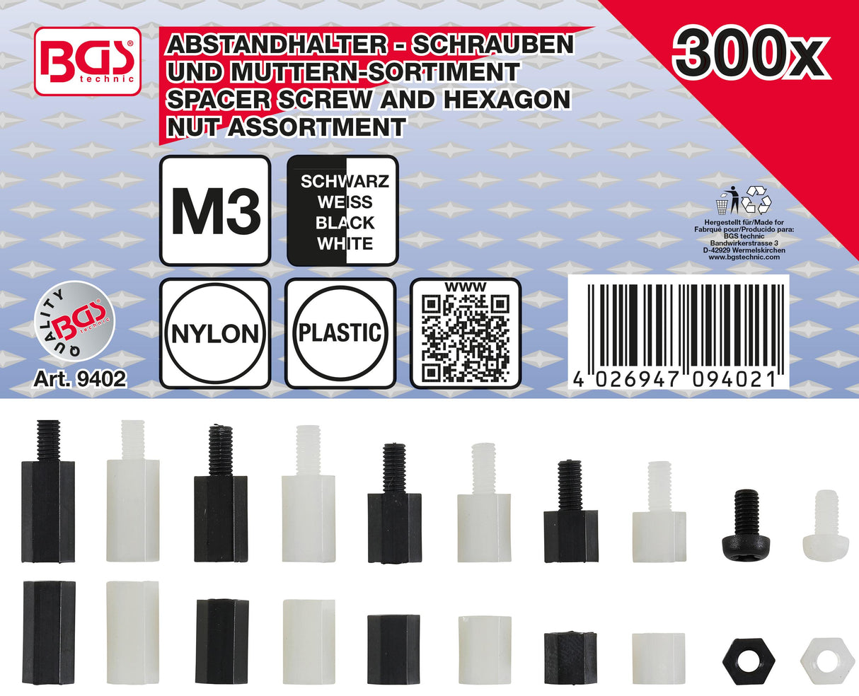 SPACER SCREW AND HEXAGON NUT ASSORTMENT | NYLON | 300 PCS. (9402)