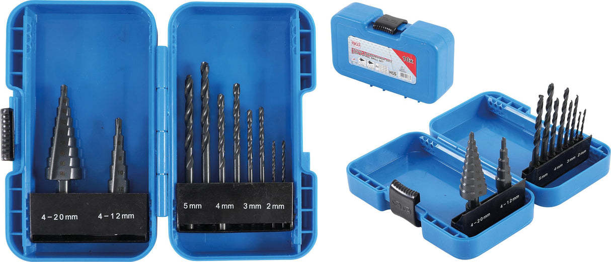 STEP DRILL AND TWIST DRILL SET | 4 - 12 / 4 - 20 MM | 2 - 5 MM | 10 PCS. (1686)