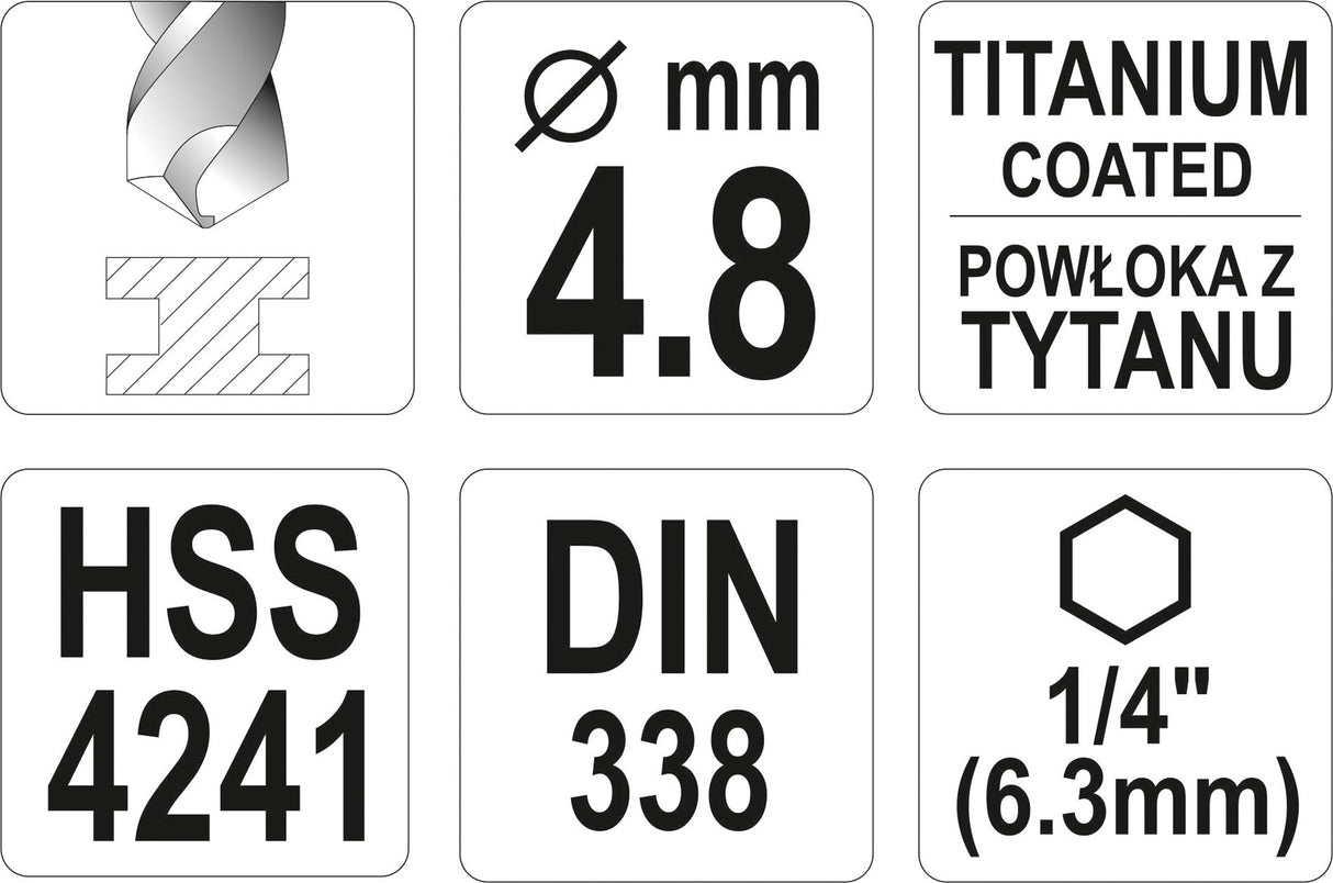 METAL DRILL WITH HEX SHANK 4,8MM TITAN (YT-44760)