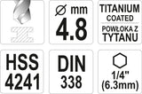 METAL DRILL WITH HEX SHANK 4,8MM TITAN (YT-44760)