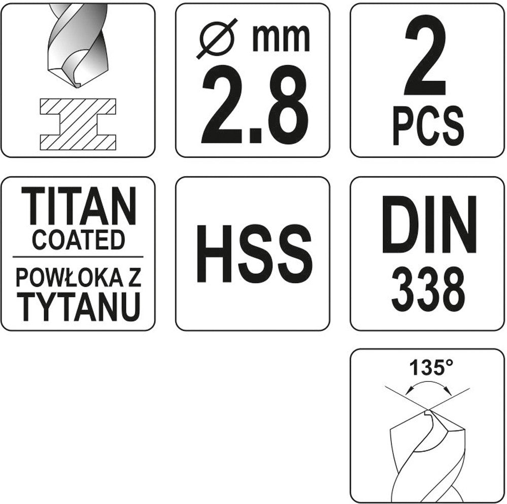 TWIST DRILL BIT HSS-TIN 2,8 MM - 2 PCS (YT-44634)