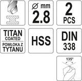 TWIST DRILL BIT HSS-TIN 2,8 MM - 2 PCS (YT-44634)