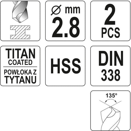 Metalliporanterä HSS-TIN 2,8 mm, 2 kpl (YT-44634)