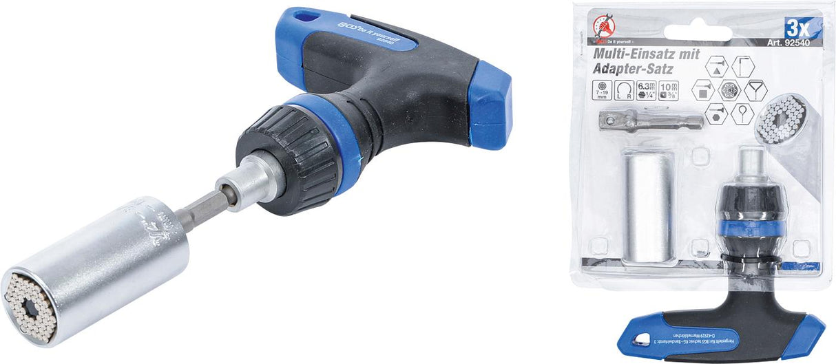 MULTI SOCKET WITH ADAPTOR SET | WITH RATCHET T-HANDLE, REVERSIBLE | 3 PCS. (92540)