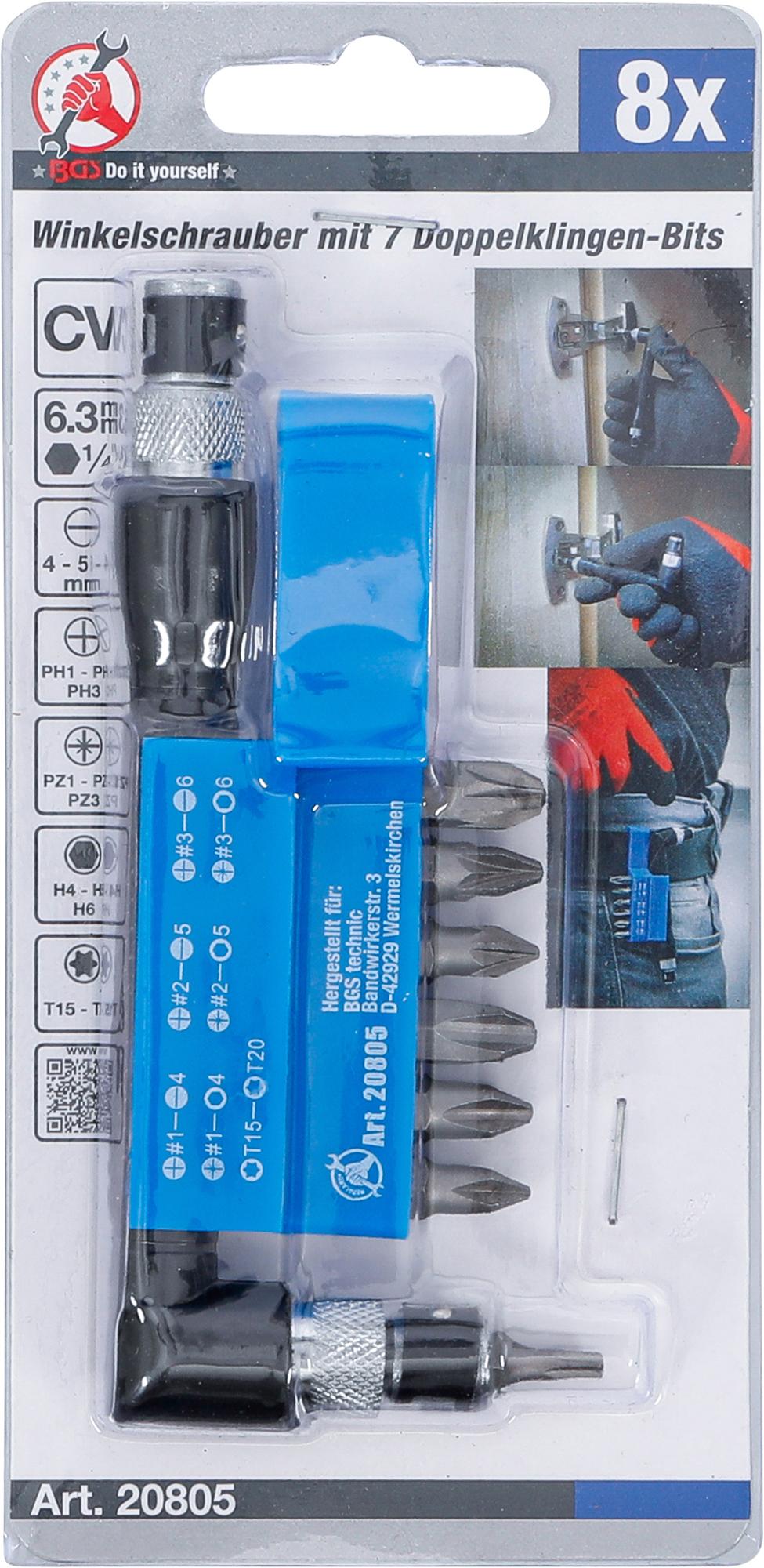 ANGLED SCREWDRIVER WITH 7 DOUBLE ENDED BITS | 6.3 MM (1/4") DRIVE | 8 PCS. (20805)