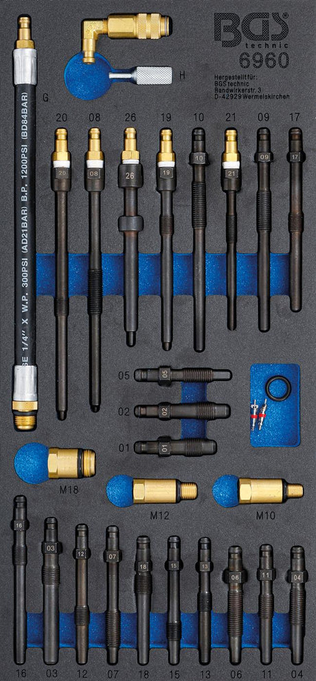 TOOL TRAY 1/3: ADAPTOR SET FOR COMPRESSION AND PRESSURE LOSS TESTER | 30 PCS. (6960)