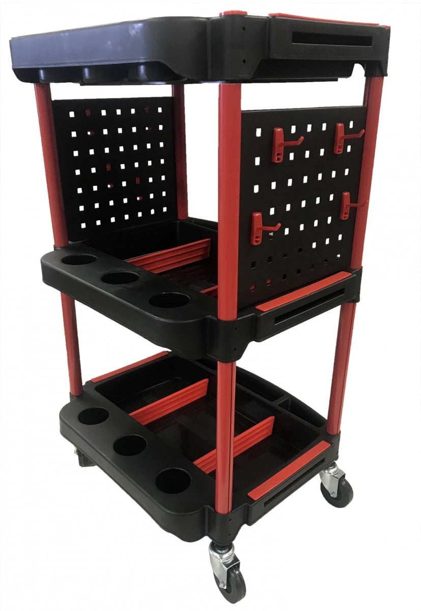 WORKSHOP TROLLEY | 3-LEVEL COMPOSITE WITH PARTS STORAGE | + 2 PERFORATIONS WITH 8 HOOKS (WT3P)