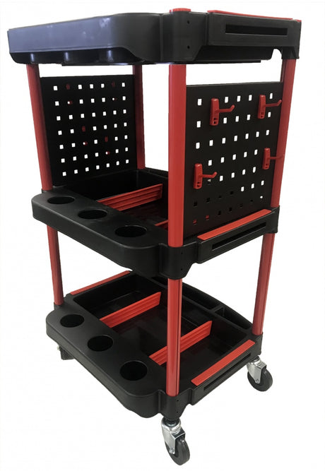 WORKSHOP TROLLEY | 3-LEVEL COMPOSITE WITH PARTS STORAGE | + 2 PERFORATIONS WITH 8 HOOKS (WT3P)