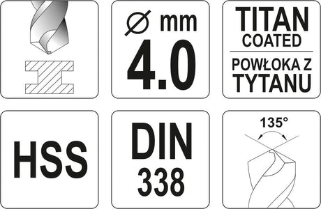Poranterä teräkselle HSS-TiN 4,0 mm (YT-44640)