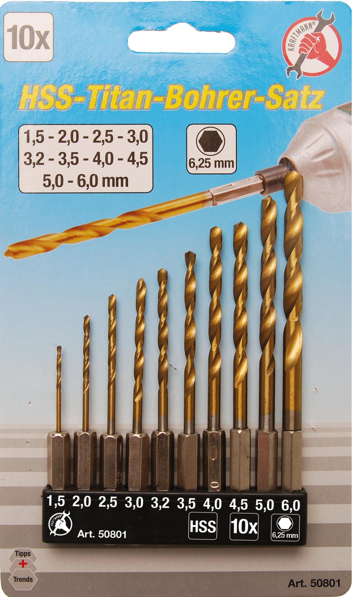 HSS DRILL SET | TITANIUM COATED | 1.5 - 6 MM | 10 PCS. (50801)
