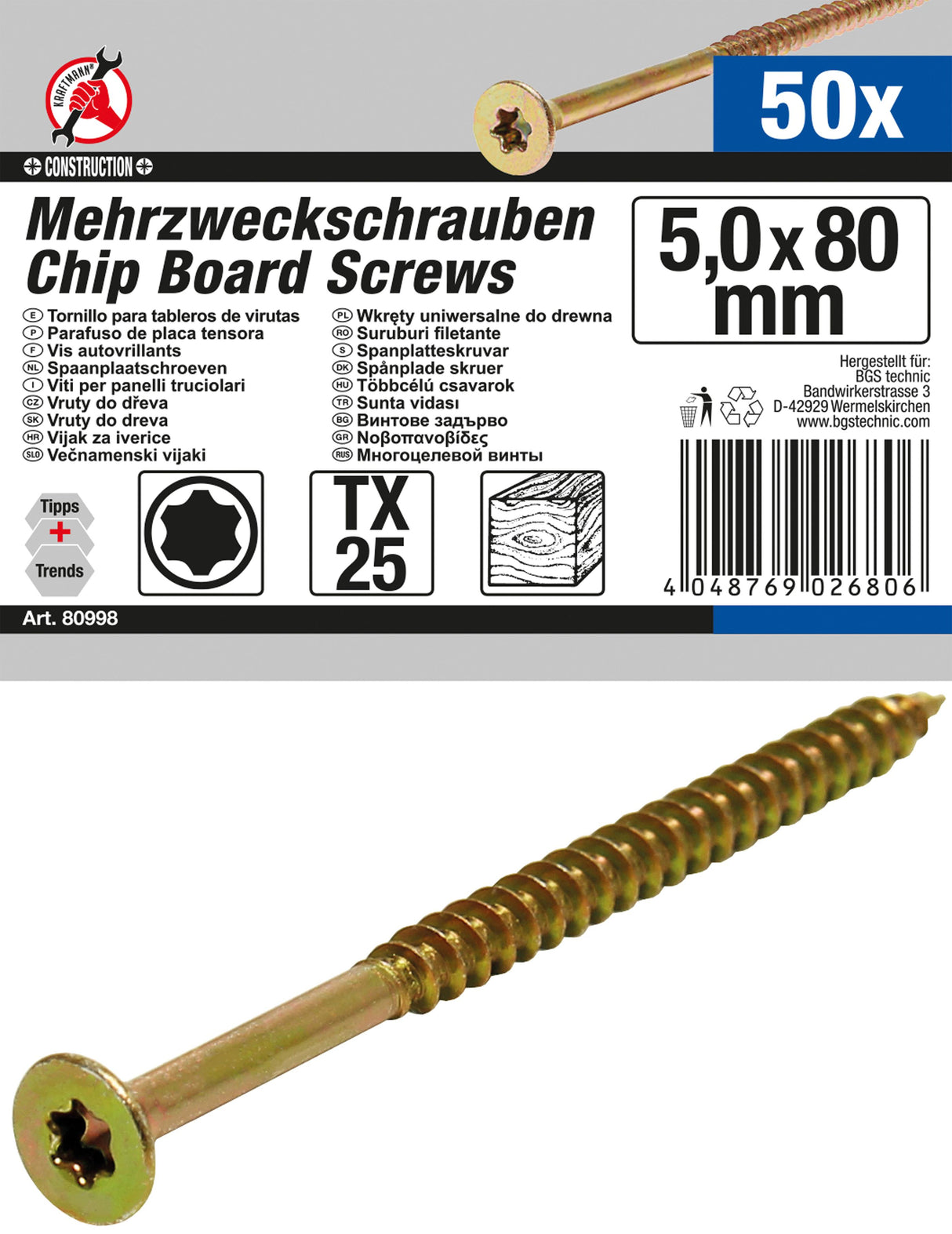 MULTI-PURPOSE SCREWS | T-STAR (FOR TORX) T25 | 5.0 X 80 MM | 50 PCS. (80998)