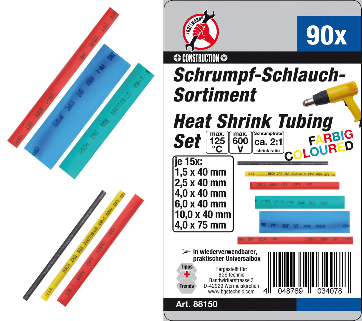 SHRINK TUBE ASSORTMENT | COLOURED | 90 PCS. (88150)