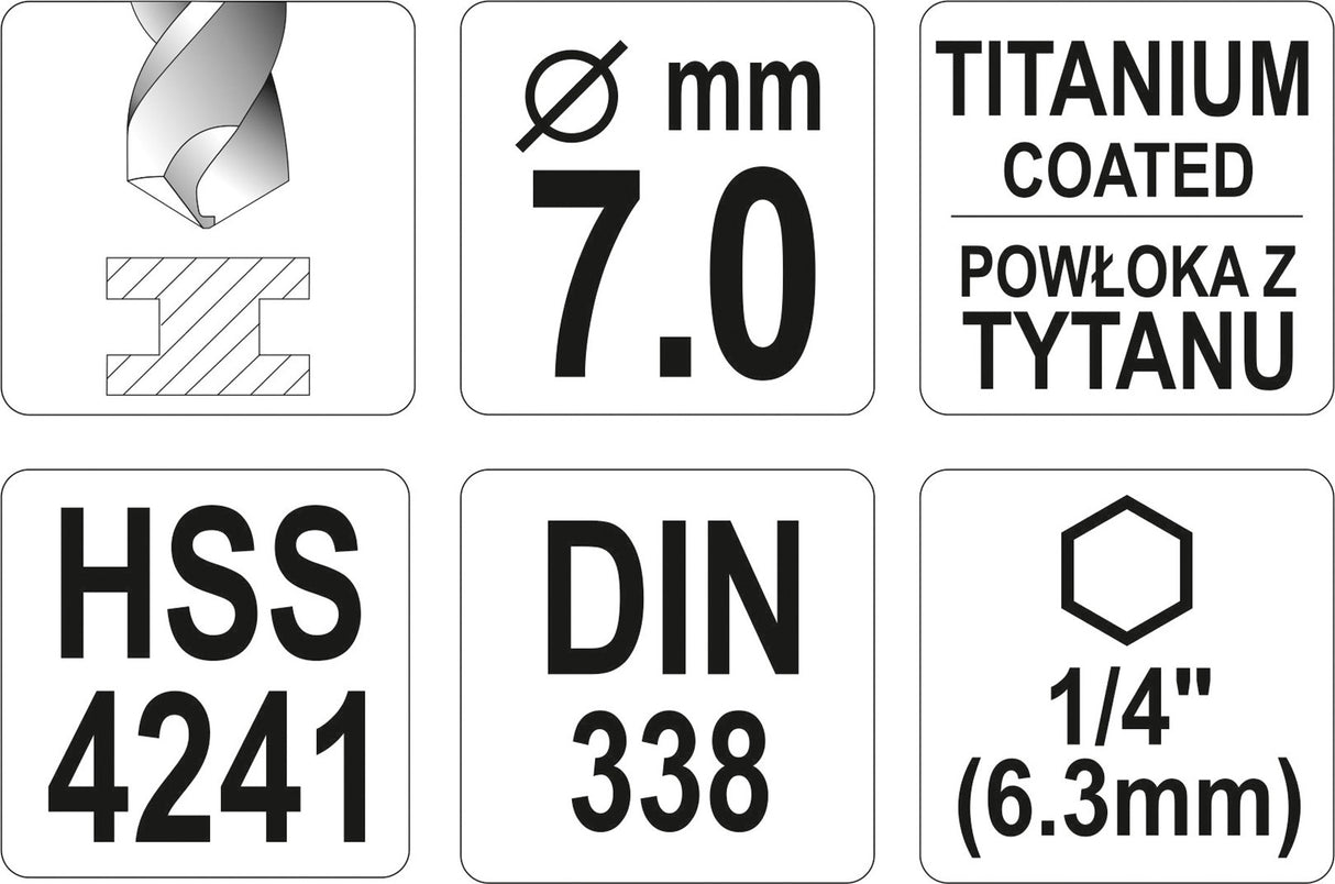 METAL DRILL WITH HEX SHANK 7,0MM TITAN (YT-44766)