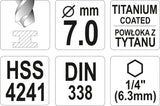 METAL DRILL WITH HEX SHANK 7,0MM TITAN (YT-44766)