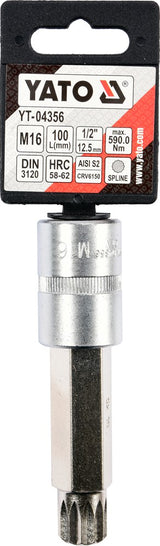 SOCKET BIT SPLINE 1/2" M16 L100MM (YT-04356)