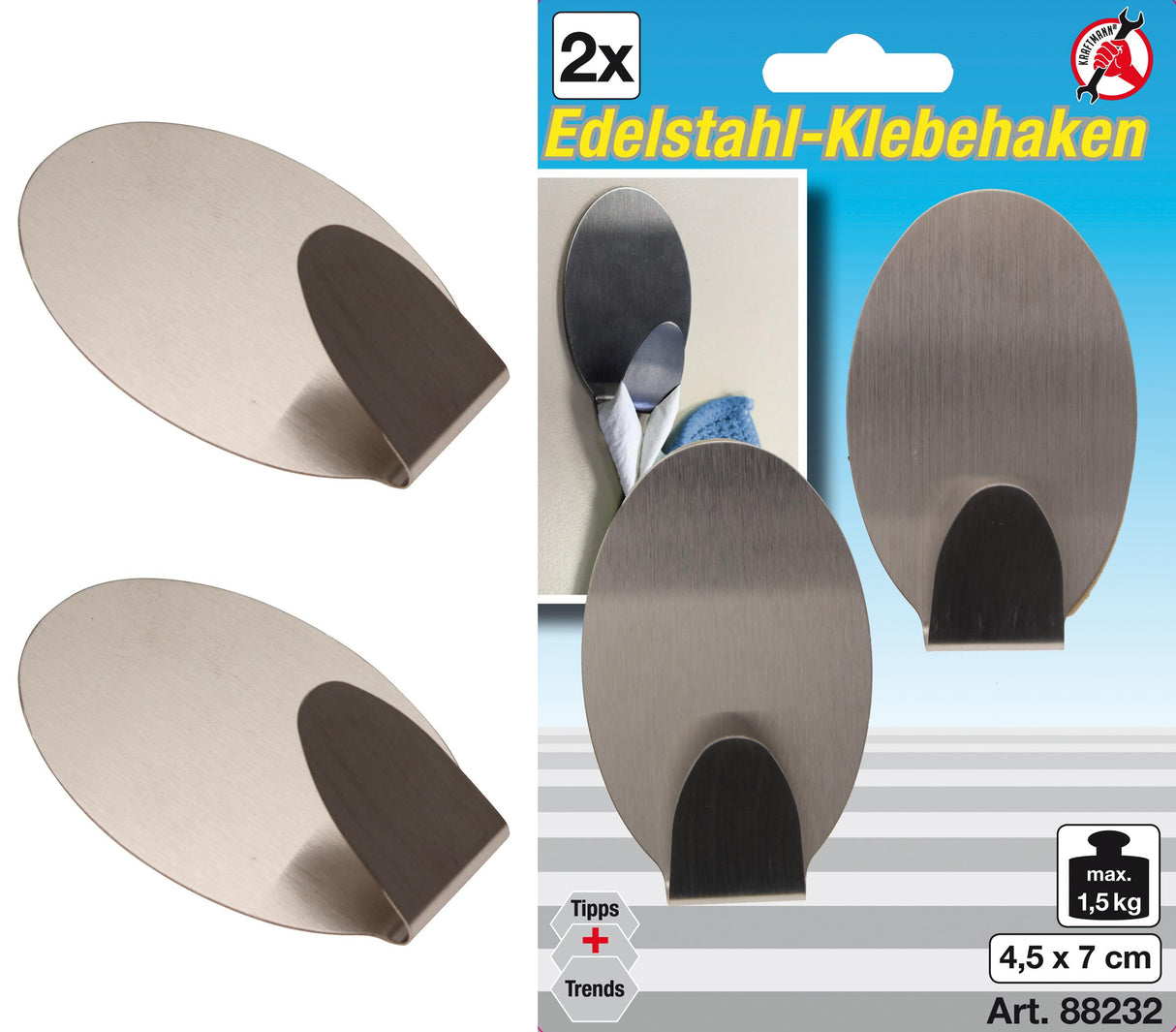 STAINLESS STEEL ADHESIVE HOOKS | 45 X 70 MM | 1.5 KG | 2 PCS. (88232)