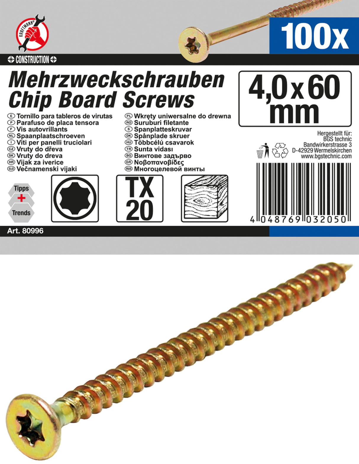 MULTI-PURPOSE SCREWS | T-STAR (FOR TORX) T20 | 4.0 X 60 MM | 100 PCS. (80996)