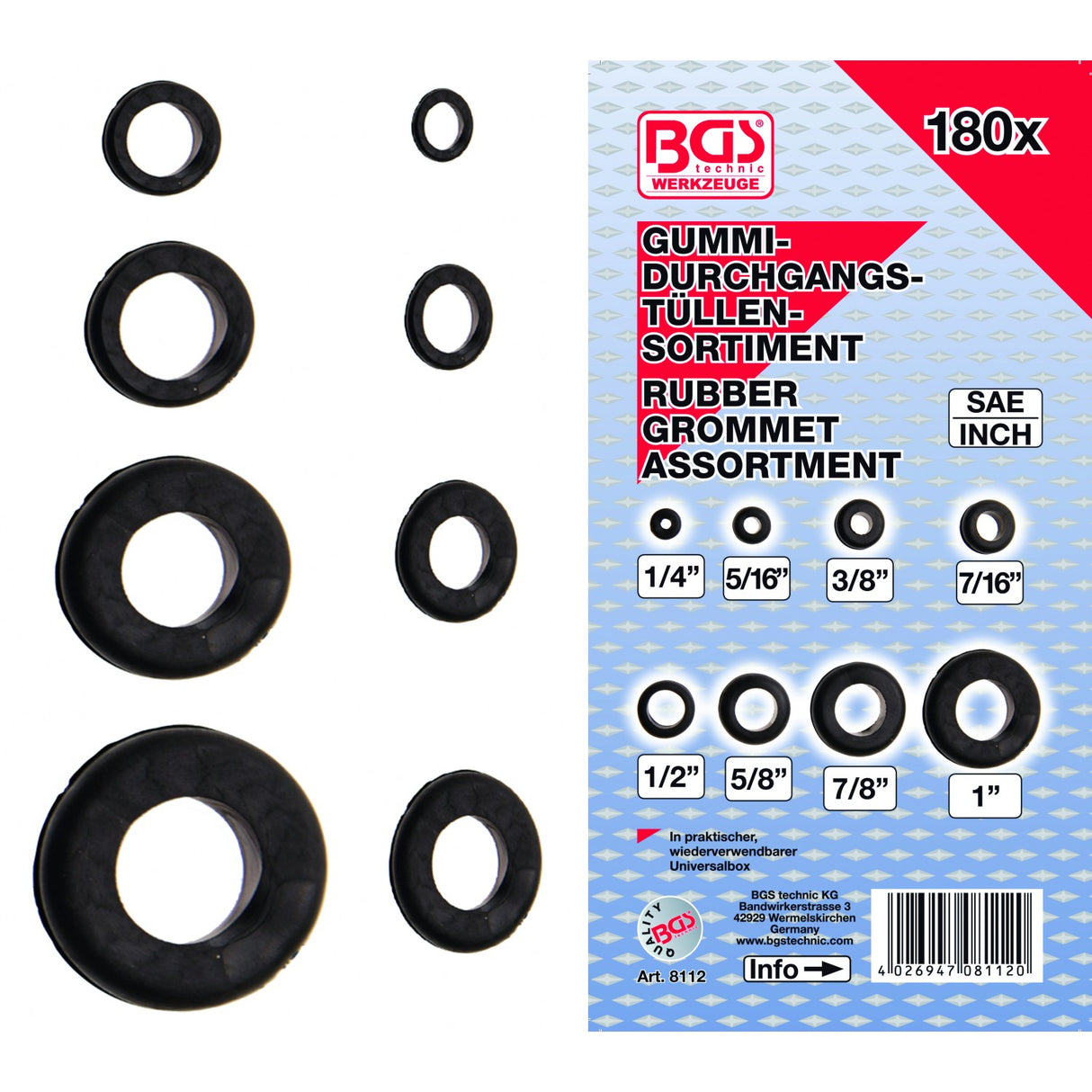 RUBBER GROMMET ASSORTMENT | INCH SIZES | 180 PCS. (8112)