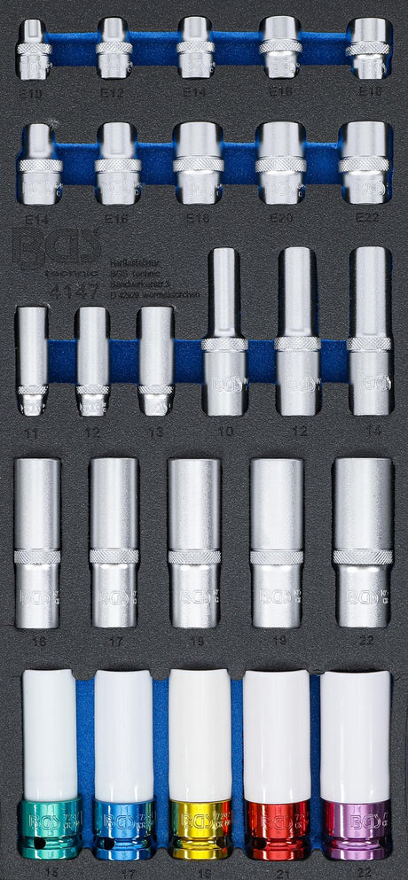 TOOL TRAY 1/3: SOCKETS | HEXAGON, DEEP 11 - 22 MM | E-TYPE E10 - E22 | 6.3 MM (1/4"), 10 MM (3/8"), 12.5 MM (1/2") | 26 PCS. (4147)