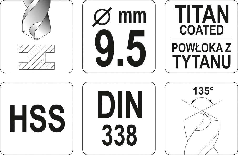 TWIST DRILL BIT HSS-TIN 9,5 MM (YT-44661)