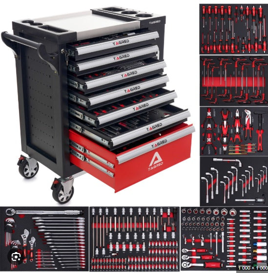 TOOL CABINET ON WHEELS | METAL WORKTOP | WITH TOOLS | 7 DRAWERS / 1 DOOR | 322 TOOLS (H7002)