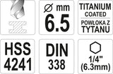 METAL DRILL WITH HEX SHANK 6,5MM TITAN (YT-44765)