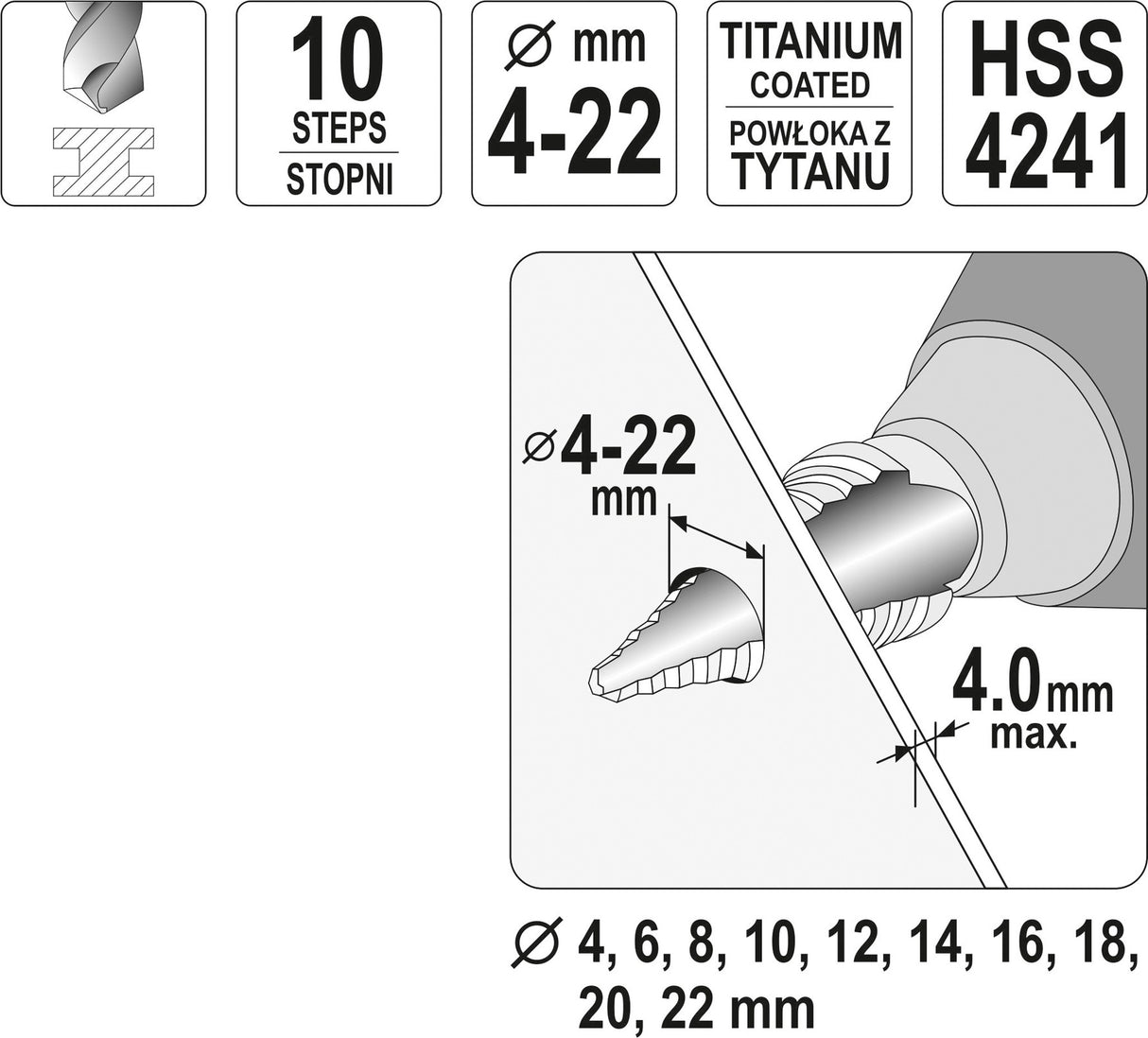 STEP DRILL 4-22MM (YT-44741)