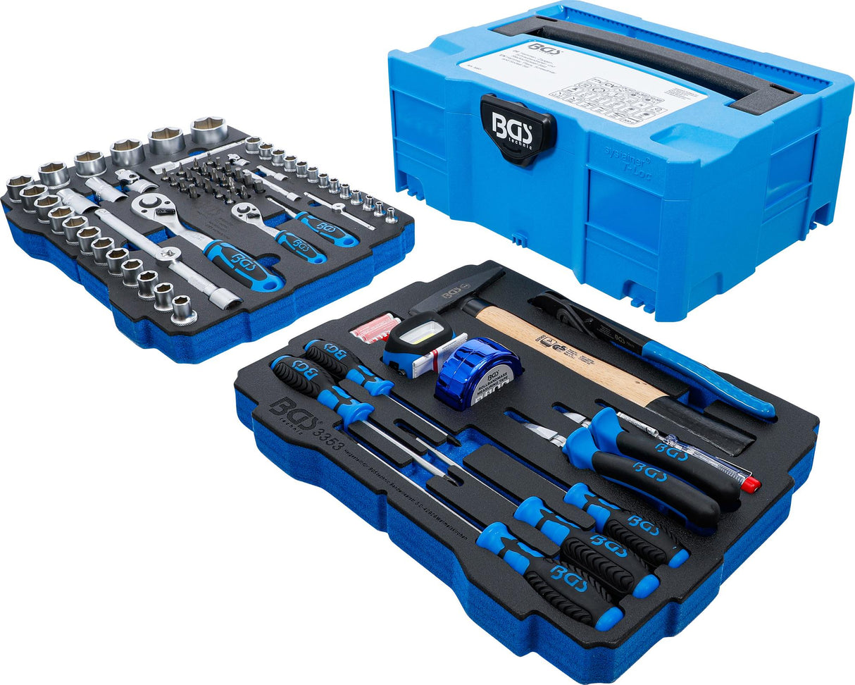 SOCKET, HAMMER, PLIERS, SCREWDRIVER SET | 6.3 MM (1/4") / 12.5 MM (1/2") | BGS SYSTAINER® | 77 PCS. (3357)