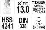 METAL DRILL WITH HEX SHANK 13,0MM TITAN (YT-44776)