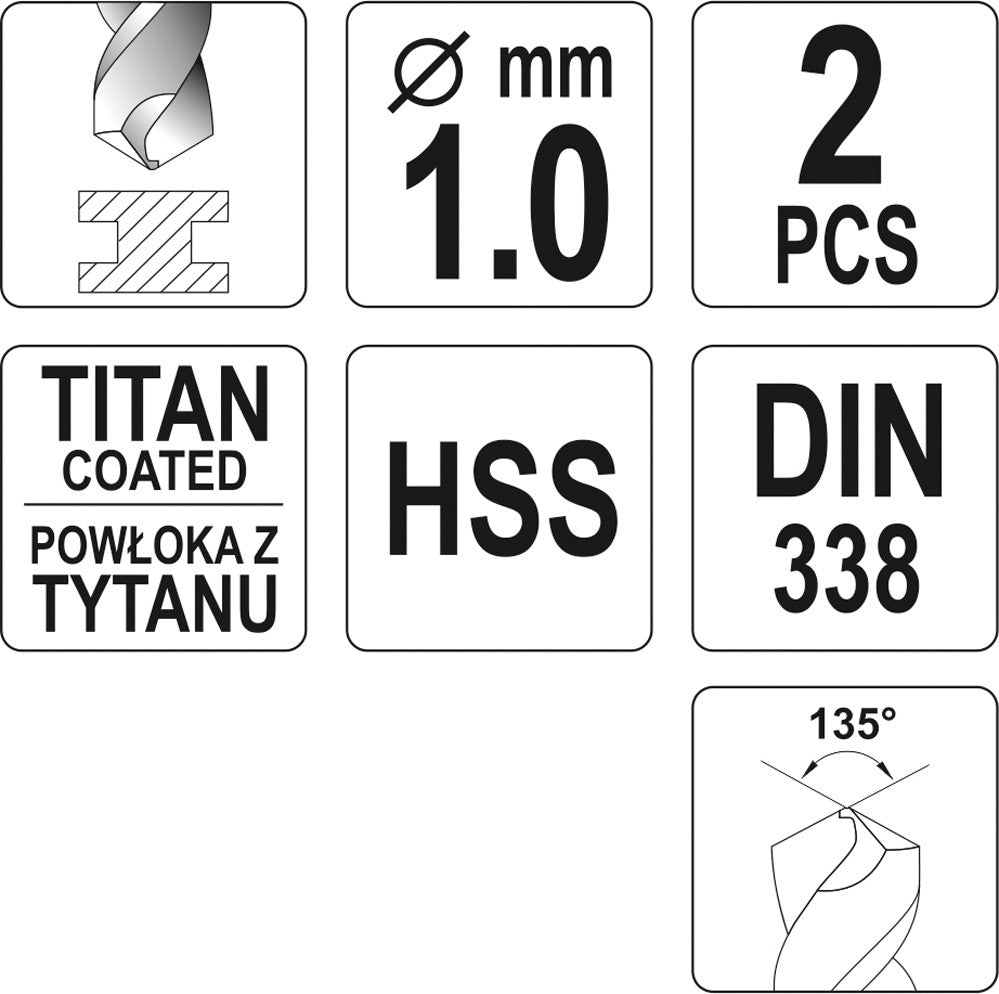 TWIST DRILL BIT HSS-TIN 1 MM - 2 PCS (YT-44630)