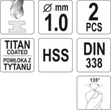 TWIST DRILL BIT HSS-TIN 1 MM - 2 PCS (YT-44630)