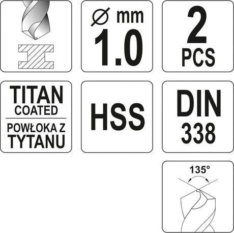 Poranterä metalille HSS-TIN 1,0 mm, 2kpl (YT-44630)