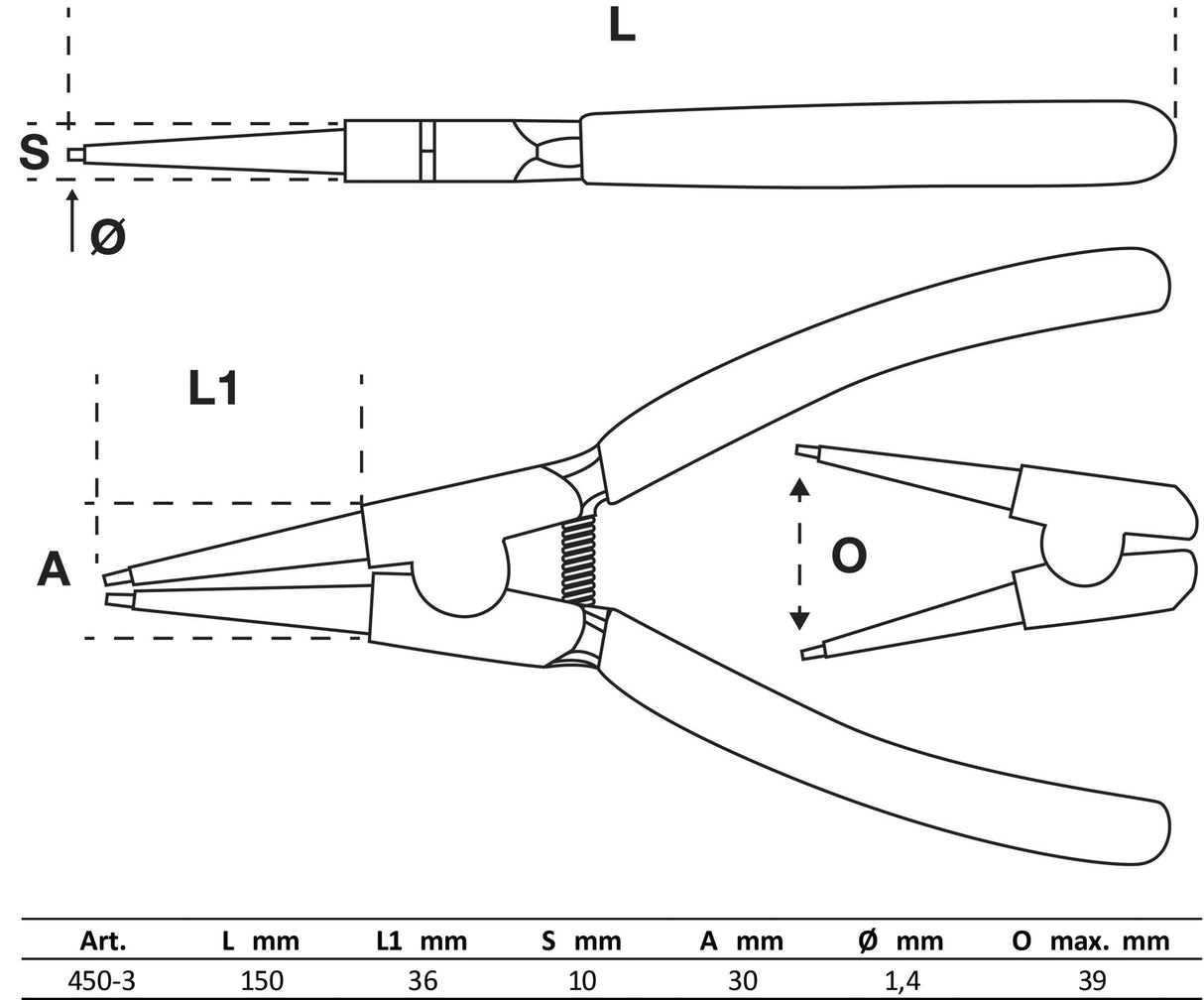 CIRCLIP PLIERS | STRAIGHT | FOR OUTSIDE CIRCLIPS | 150 MM (450-3)