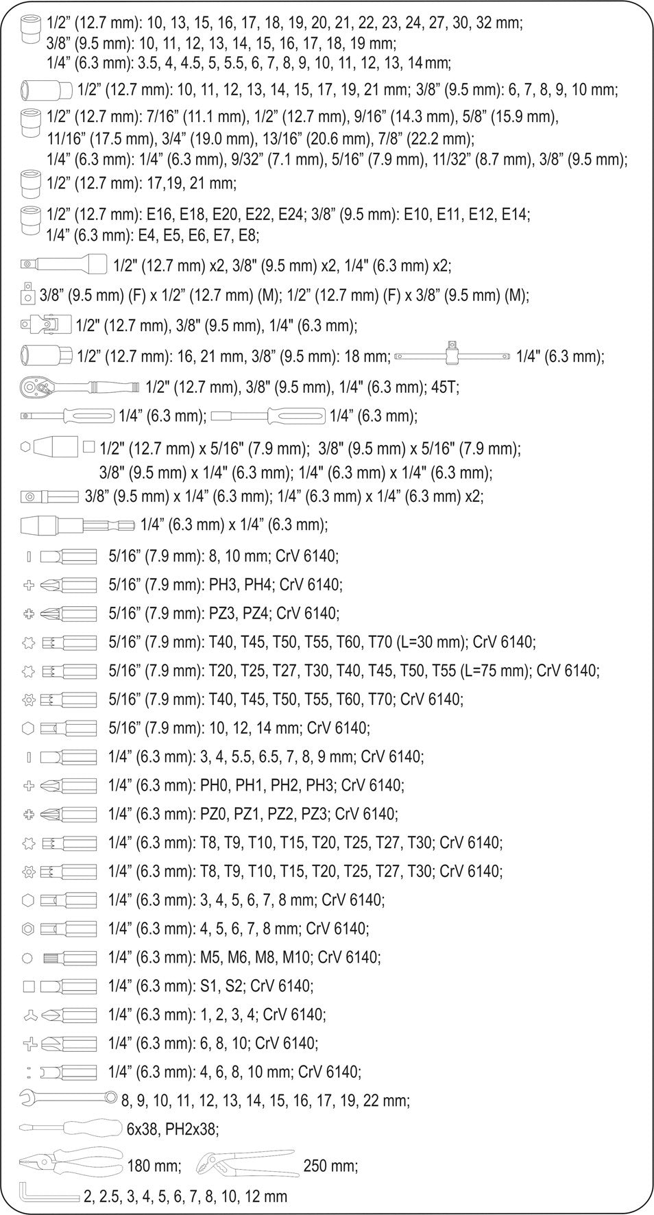 TOOL SET 1/2" 3/8" 1/4" 225 PCS (58693)