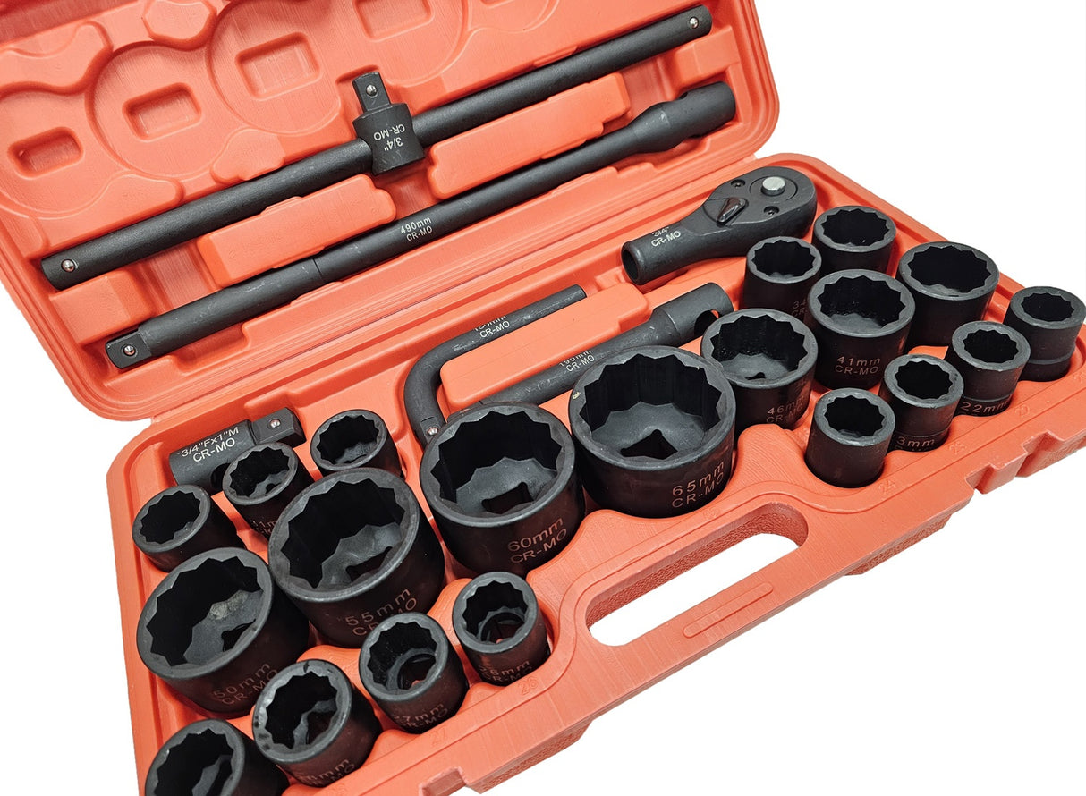 IMPACT SOCKET SET | CR-MO | 12-POINT | 25 MM (1") | 20 MM (3/4") | 26 PCS. (SLS26A)