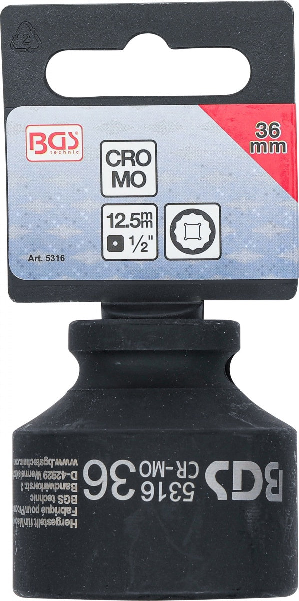 IMPACT SOCKET, 12-POINT | 12.5 MM (1/2") DRIVE | 36 MM (5316)