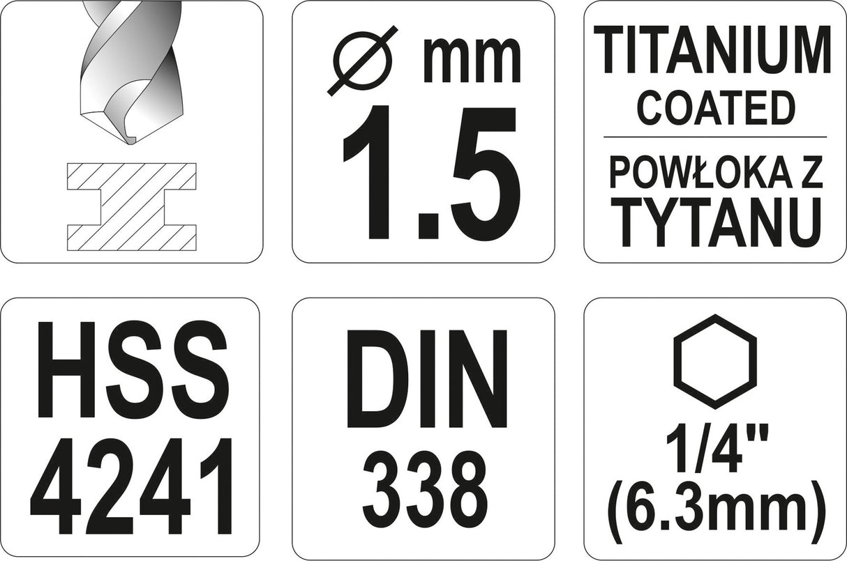 METAL DRILL WITH HEX SHANK 1,5MM TITAN (YT-44750)
