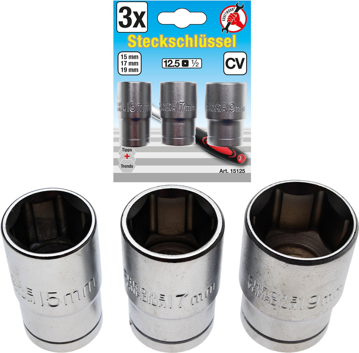 SOCKET SET | 12.5 MM (1/2") DRIVE | 15 - 17 - 19 MM | 3 PCS. (15125)