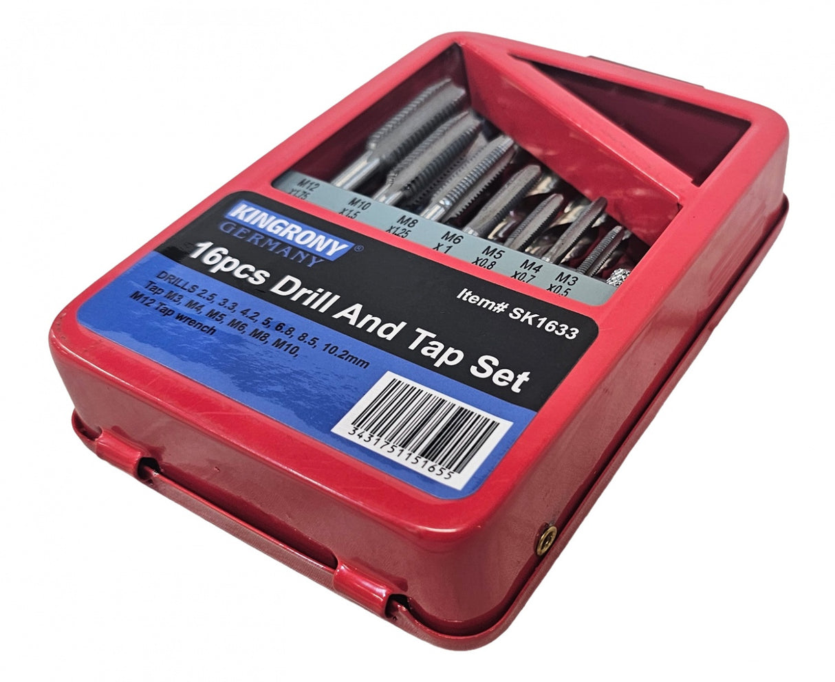 TAP AND DRILL BIT SET | WITH T-HANDLE | HSS | M3 - M12 / 2.5 - 10.2 MM | 16 PCS. (SK1633)