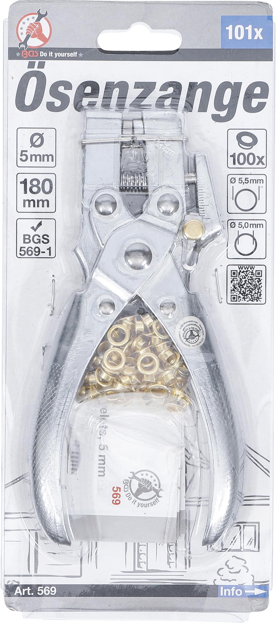EYELET PLIERS WITH 100 ROUND EYELETS | 5.0 MM | 180 MM (569)