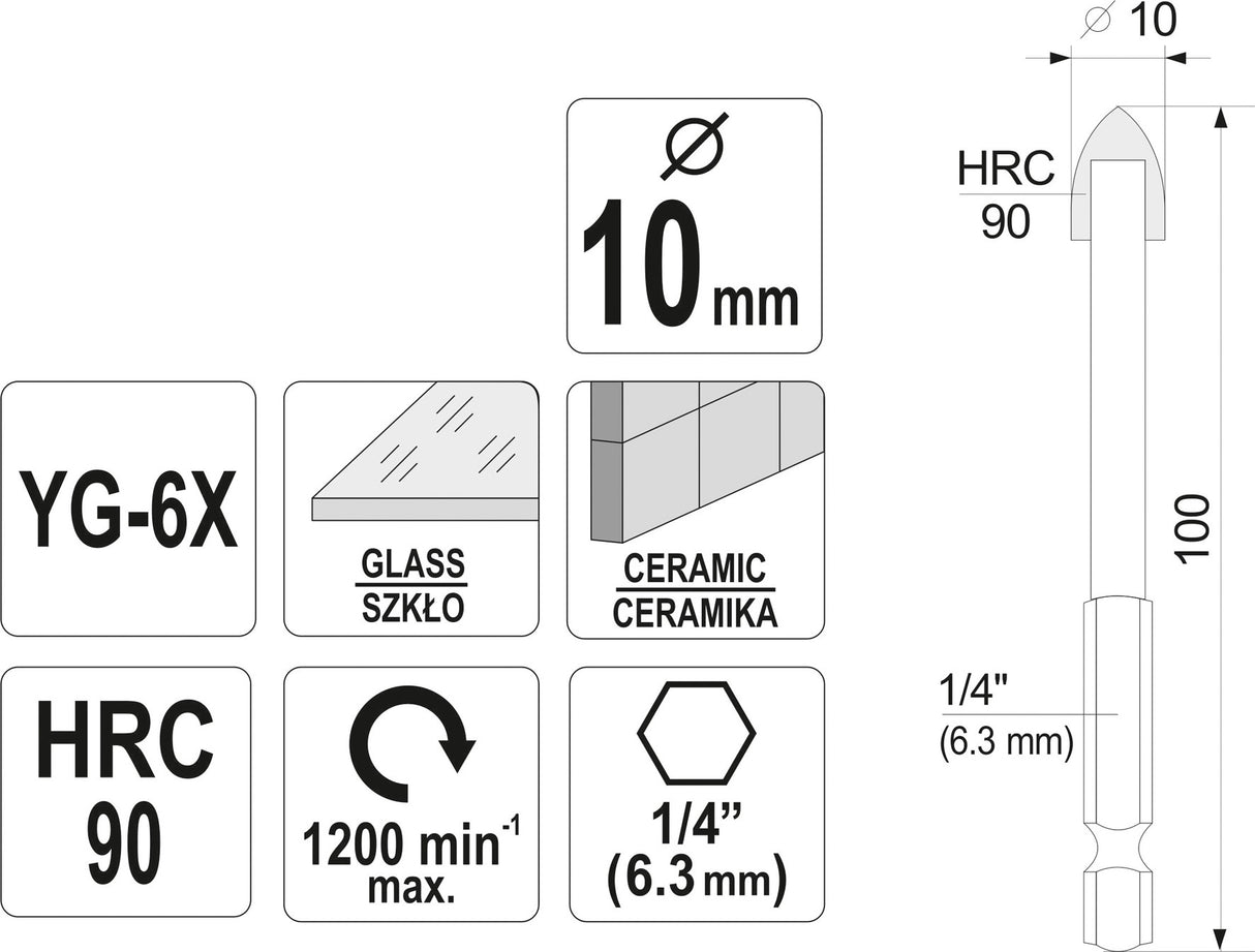 GLASS AND TILE DRILL WITH HEX SHANK 10MM (21705)