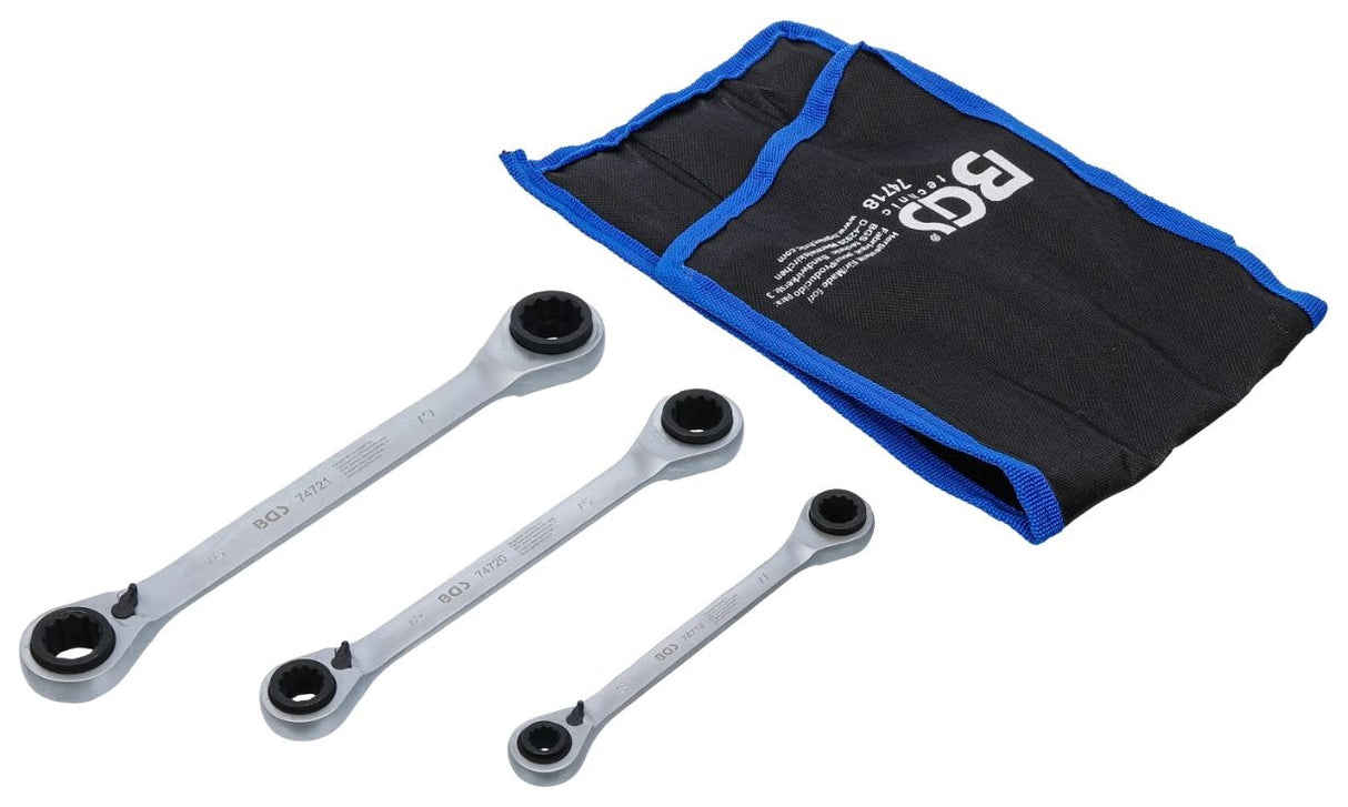 REVERSIBLE RATCHETING RING SPANNERS | DOUBLE-SIDED WITH REVERSING LEVER | 3 PCS | 4-IN-1 | 8 - 19 MM (74718)