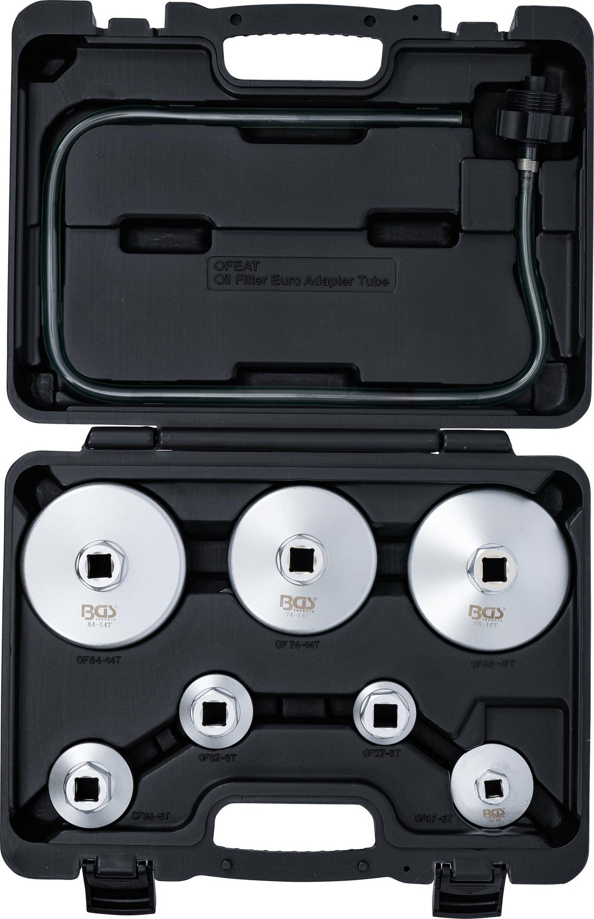 OIL FILTER WRENCH SET | WITH OIL FILTER DRAIN HOSE | FOR VAG, BMW, CITROËN, PEUGEOT, FORD, MERCEDES-BENZ, OPEL / VAUXHALL, VOLVO | 8-PCS. (72054)
