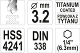 METAL DRILL WITH HEX SHANK 3,2MM TITAN (YT-44755)