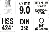 METAL DRILL WITH HEX SHANK 9,0MM TITAN (YT-44770)