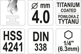 METAL DRILL WITH HEX SHANK 4,0MM TITAN (YT-44757)